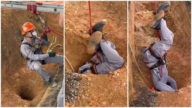 Um bombeiro desceu de ponta-cabeça no buraco estreito para resgatar o corpo de um empresário, em São Paulo.