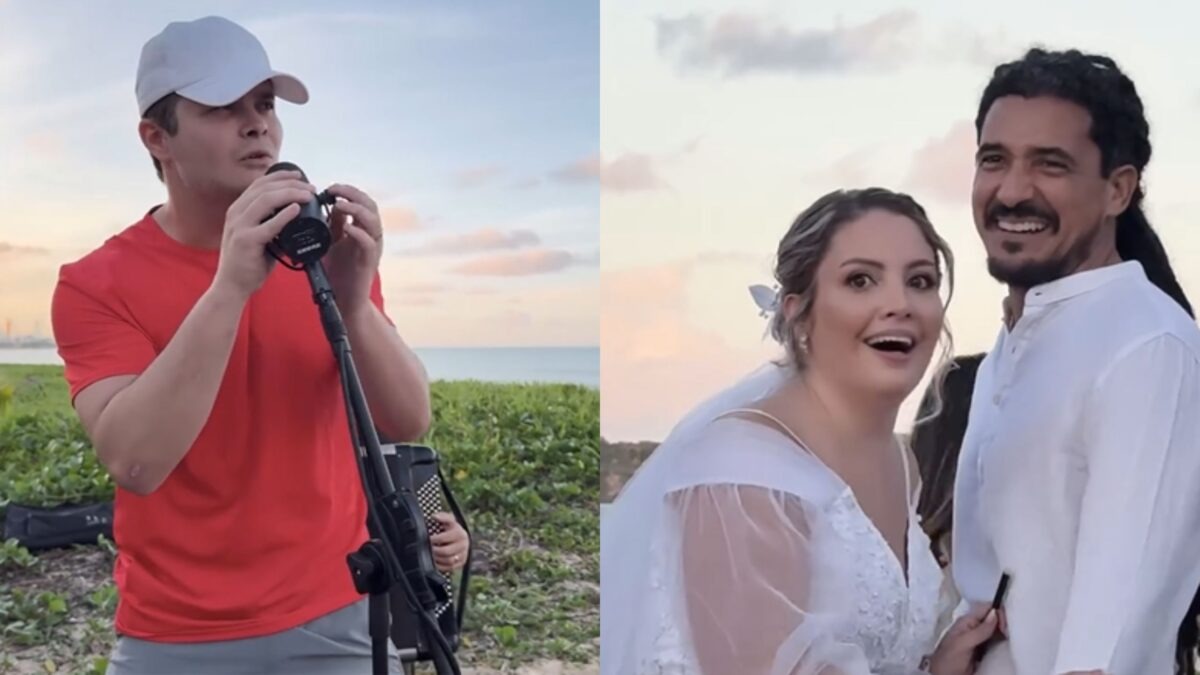 Momento que o cantor Matheus, da dupla sertaneja com Kauan, surpreendeu um casal de noivos durante a cerimônia de casamento, na Paraíba.