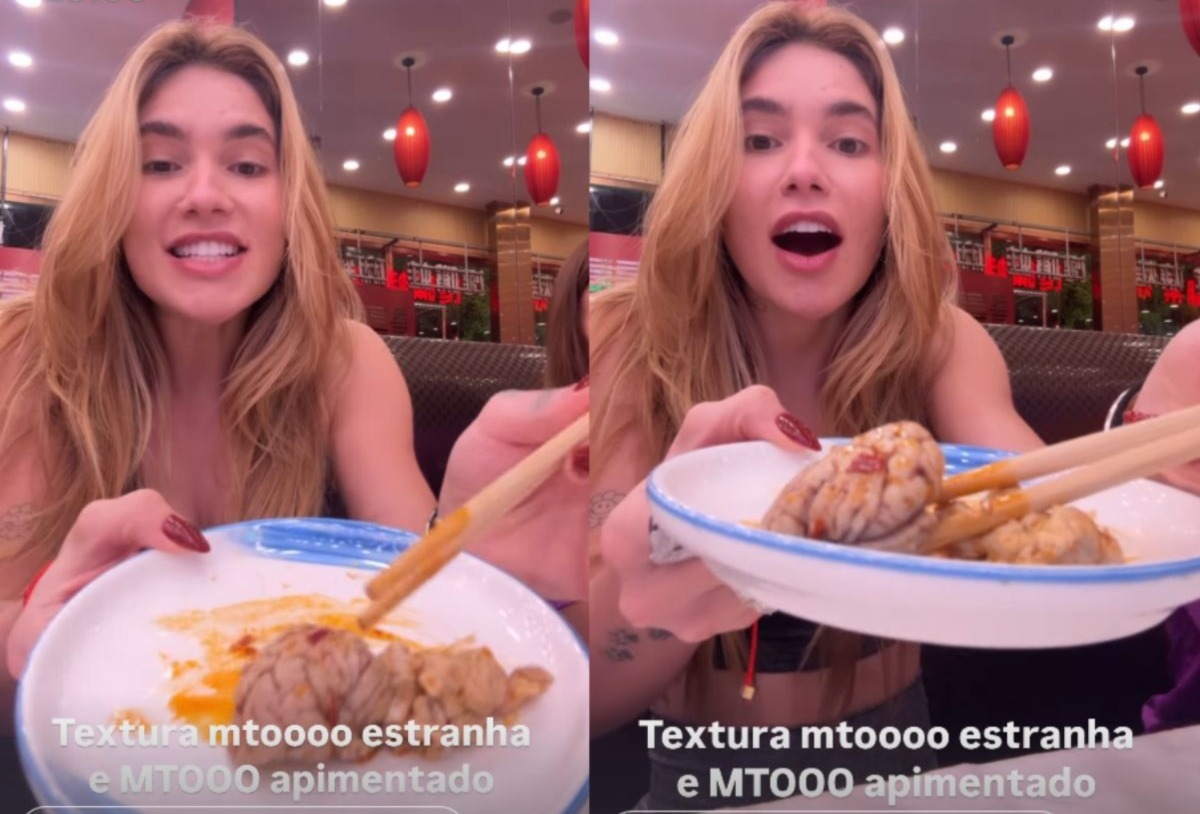 Virgínia registrou o momento em que experimenta o “cérebro”, um prato típico da China.