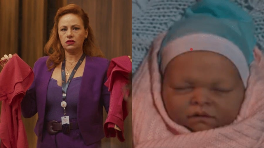 Aldeíde (Karine Teles) comprou um bebê reborn dos vilões César (Cauã e Reymond) e Olavo.