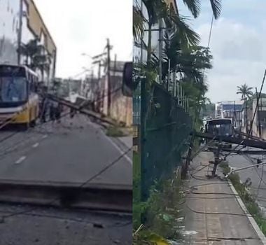 Imagem - Caminhão arrasta fiação elétrica, derruba postes e atinge ônibus em Belém; veja vídeo