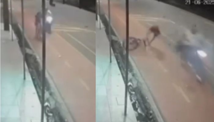 Imagem - Vídeo: homem cai da bike após ter bolsa roubada por suspeito em motocicleta