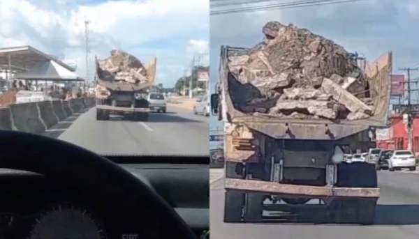 Riscos de acidente: condutor flagra caçamba sem tampa traseira durante trânsito na BR-316