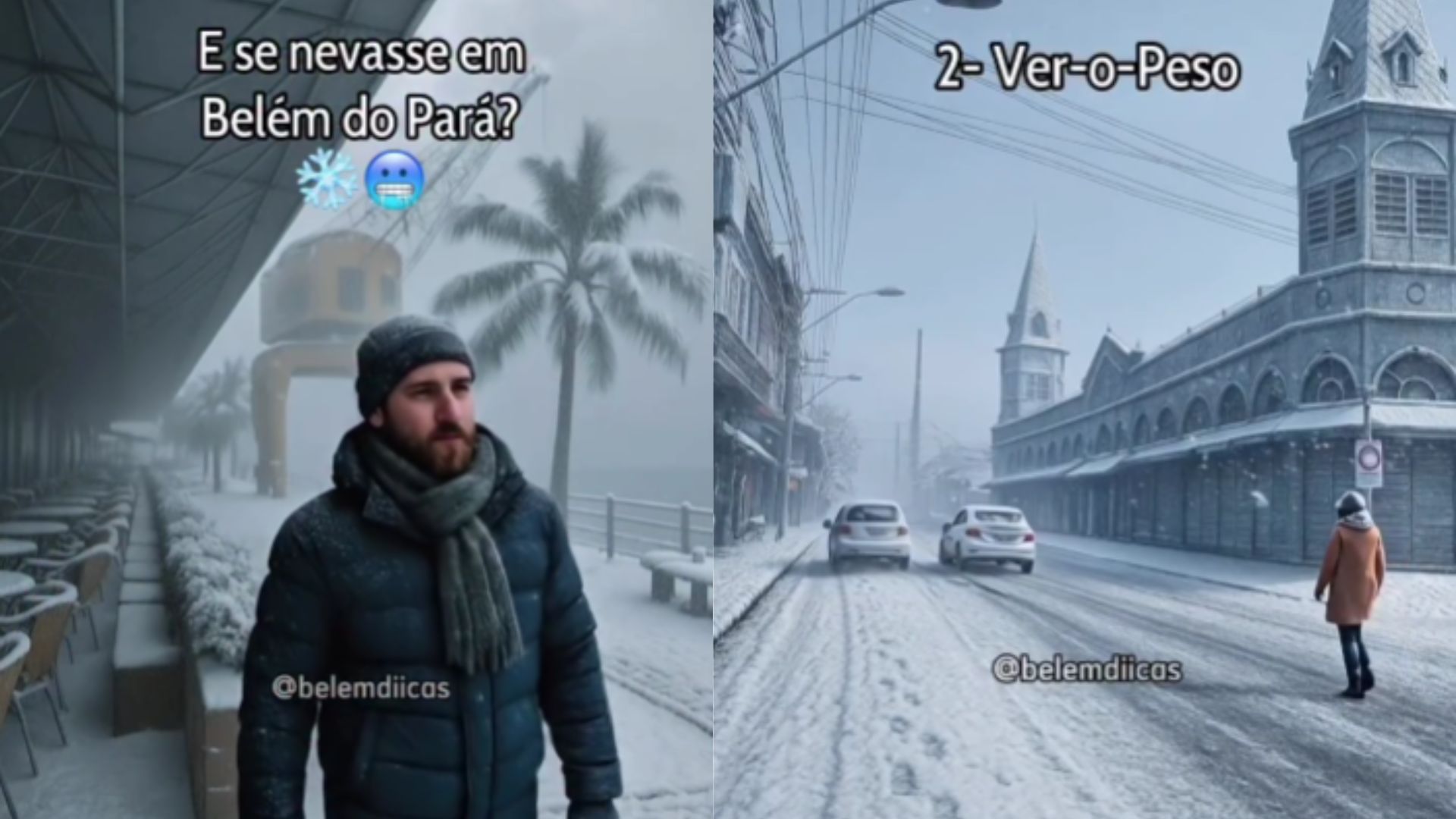 O vídeo feito por IA surpreendeu beleneses que imaginaram como seria a capital coberta por neve.