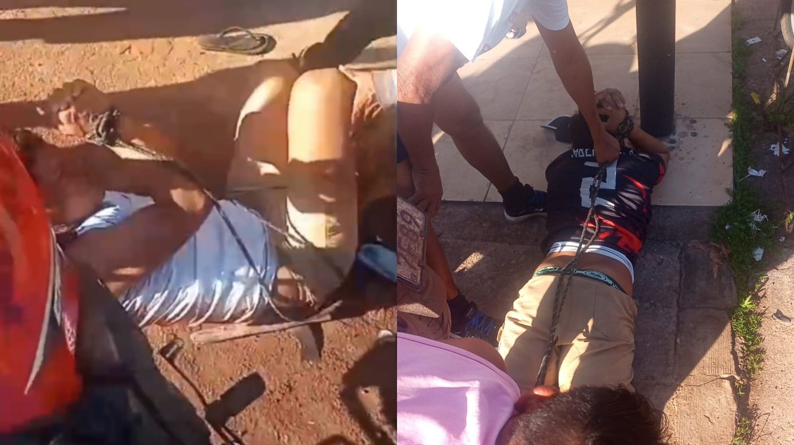 Suspeitos são detidos, amarrados e levam surra de populares, após tentativa de assalto a uma Casa Lotérica, no Pará.