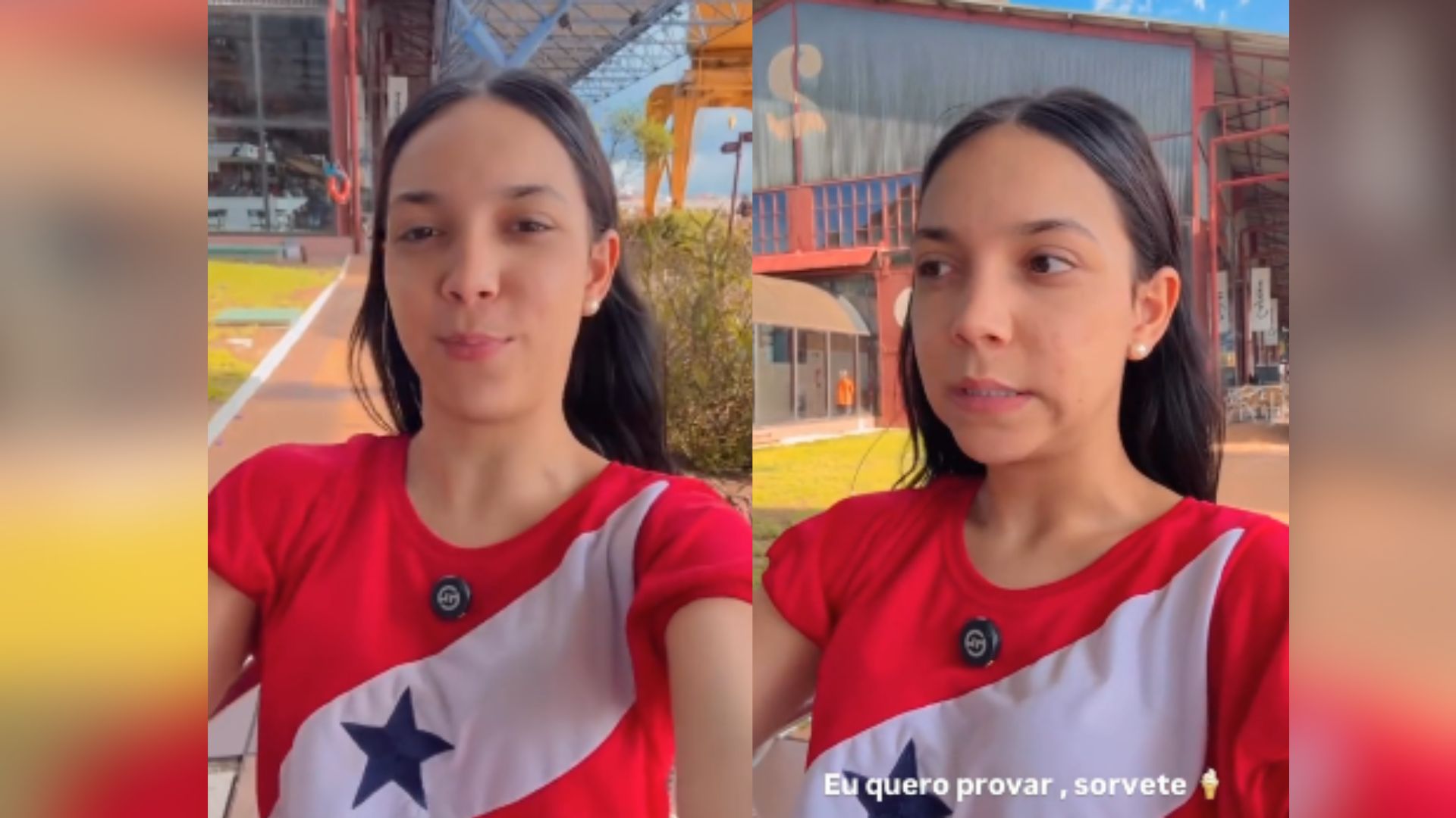 Missionária Vitória Souza, vestindo uma camisa com a bandeira do Pará.