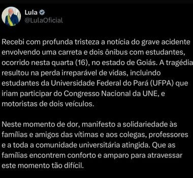 Imagem - Presidente Lula lamenta acidente que matou estudantes da UFPA em Goiás