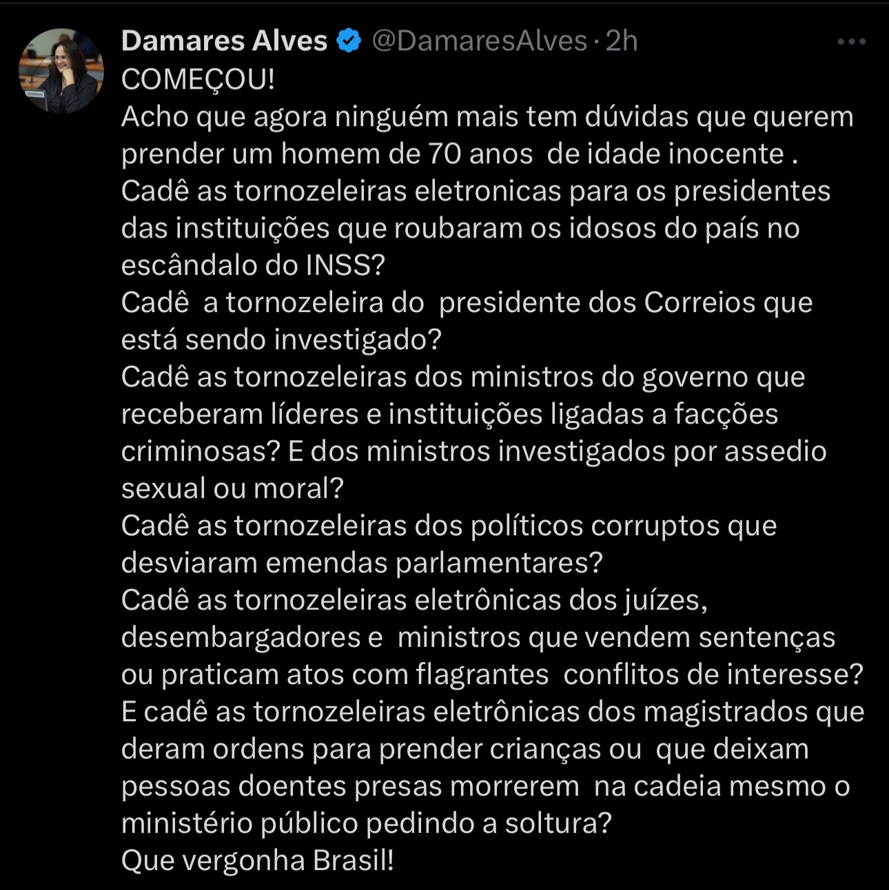 (Postagem da senadora Damares Alves - )