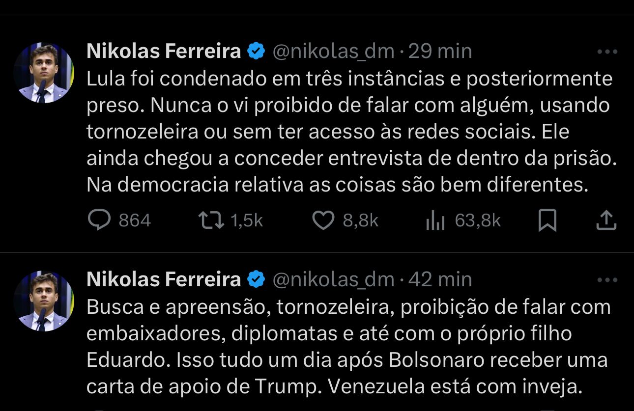 Postagem do deputado Nikolas Ferreira - 