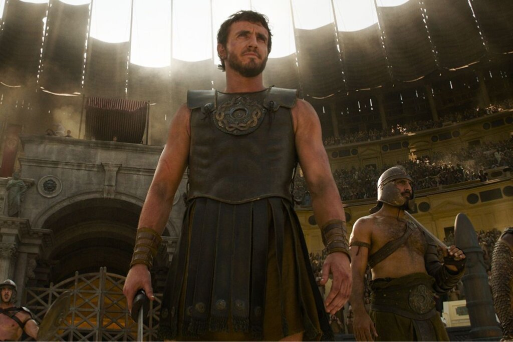 Em &#8220;Gladiador 2&#8221;, Lucius precisa derrubar os imperadores e corruptos de Roma para garantir o seu futuro (Imagem: Reprodução digital | Paramount Pictures e DreamWorks Pictures)