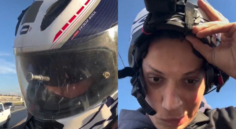 Apesar do susto, o motociclista escapou sem ferimentos graves porque usava o capacete corretamente, com a viseira fechada e a cinta jugular afivelada