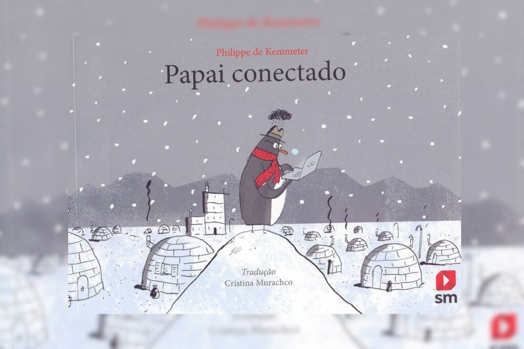 Em &#8220;Papai Conectado&#8221;, um pai pinguim vive imerso nas telas, mas a queda de conexão o faz redescobrir o valor da família (Imagem: Reprodução digital | Edições Sm)