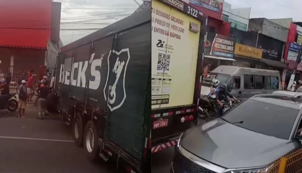 Caminhão no ‘prego’ trava o trânsito na Avenida Augusto Montenegro; acompanhe