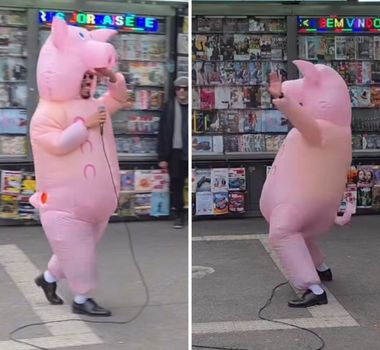Imagem - Homem vestido de porquinho faz sucesso dançando brega em SP; assista