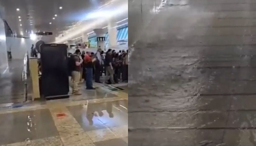 Vídeos gravados por pessoas que aguardavam para embarcar mostram diversas goteiras no teto do terminal