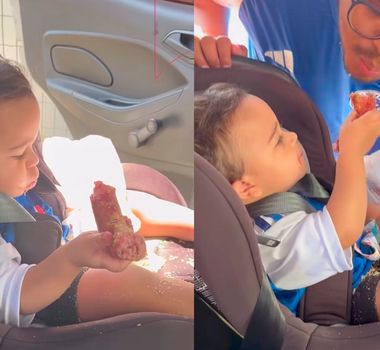 Imagem - Bebê 'flagra' marmita no carro e devora tudo antes de chegar em casa; assista