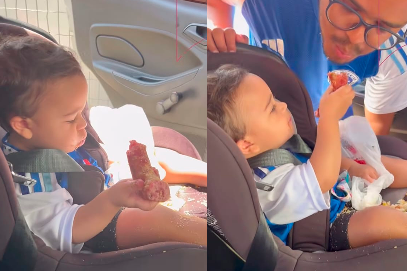 Imagem - Bebê 'flagra' marmita no carro e devora tudo antes de chegar em casa; assista