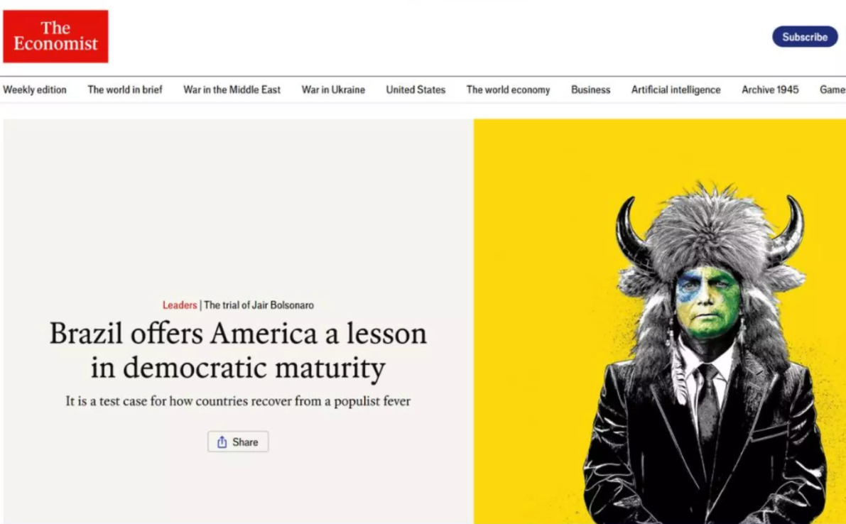 Imagem - ‘The Economist’ traz Bolsonaro de ‘viking do Capitólio’ na capa e diz que Brasil dá lição de maturidade aos EUA