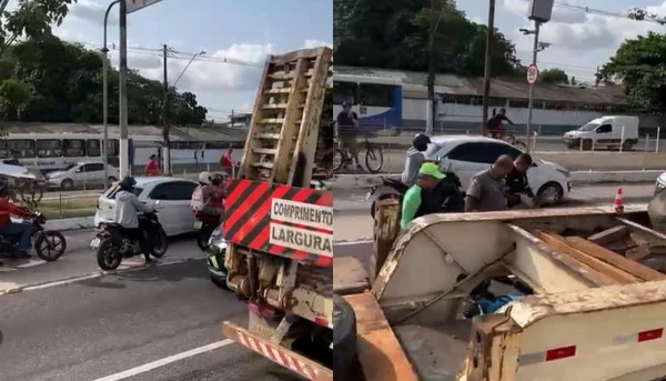 Vídeo: acidente entre moto e carreta congestiona o trânsito na Almirante Barroso; confira o trânsito