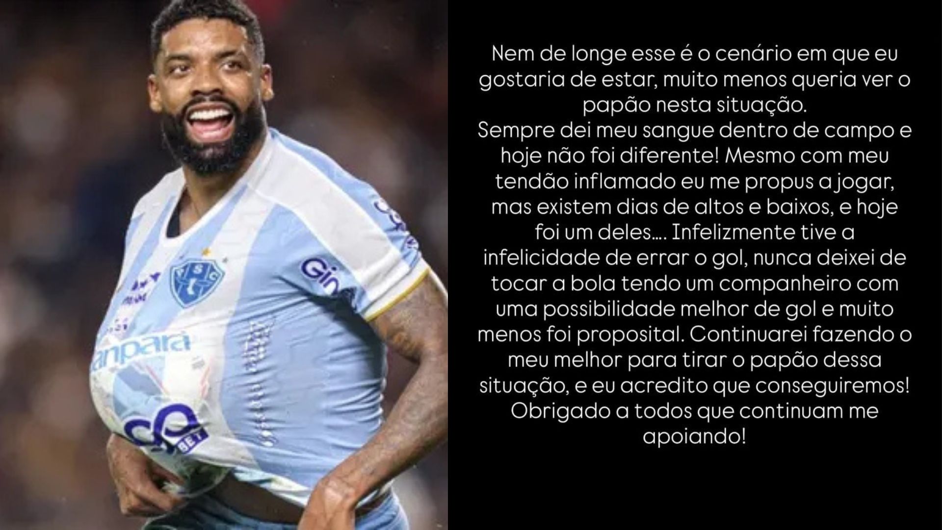 Imagem - Diogo Oliveira lamenta chance perdida na derrota do Paysandu para o Volta Redonda: 'fui infeliz no lance'