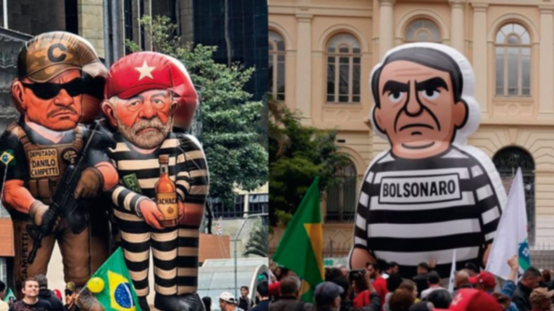 Imagem - Manifestantes usam bonecos de Lula e Bolsonaro para protestar