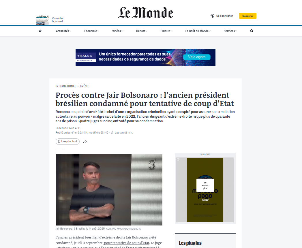 Imprensa internacional repercute condenação de Bolsonaro e aliados