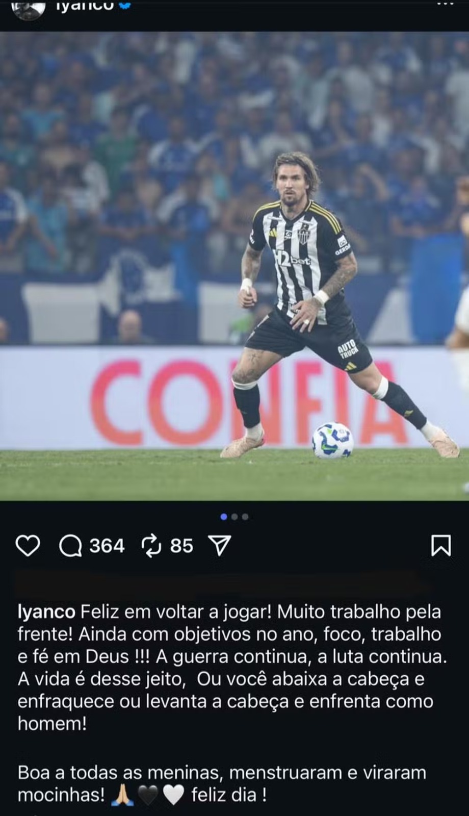 Após algum tempo, Lyanco editou o post e retirou a parte final, sem o trecho preconceituoso -