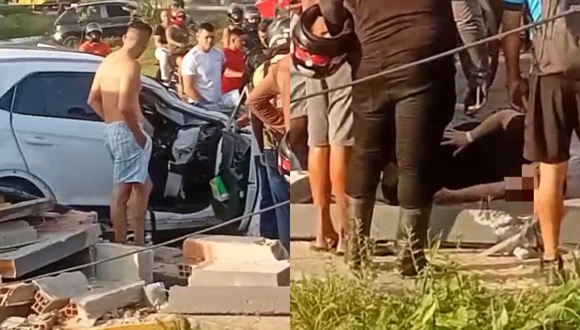 Imagens registradas por populares mostram o carro branco parcialmente destruído e o homem, que provavelmente estava ao volante, caído no chão