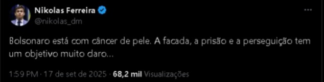 O parlamentar publicou sobre o assunto nesta quarta-feira (17)