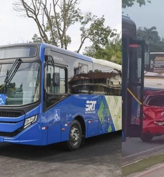 Imagem - Vídeo: ônibus que integrará o sistema do BRT Metropolitano colide com carro particular na Augusto Montenegro
