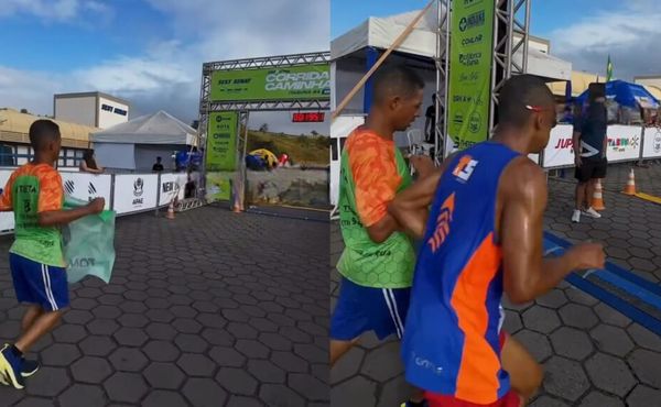 Vídeo: corredor abre bandeira para festejar, mas é ultrapassado na linha de chegada