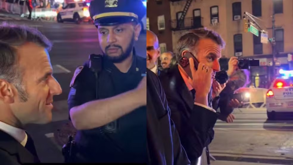 No vídeo, Macron conversa com um policial, que pede desculpas e explica que não poderia liberar a passagem. 
