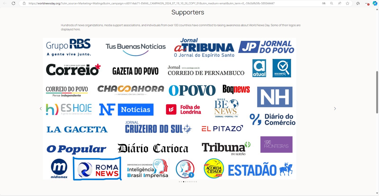 Veículos de imprensa que participam da campanha, entre eles o Portal Roma News
