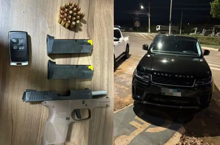 Acusado de 27 anos foi detido após tentar arrombar portão da ex-companheira; arma de fogo foi apreendida