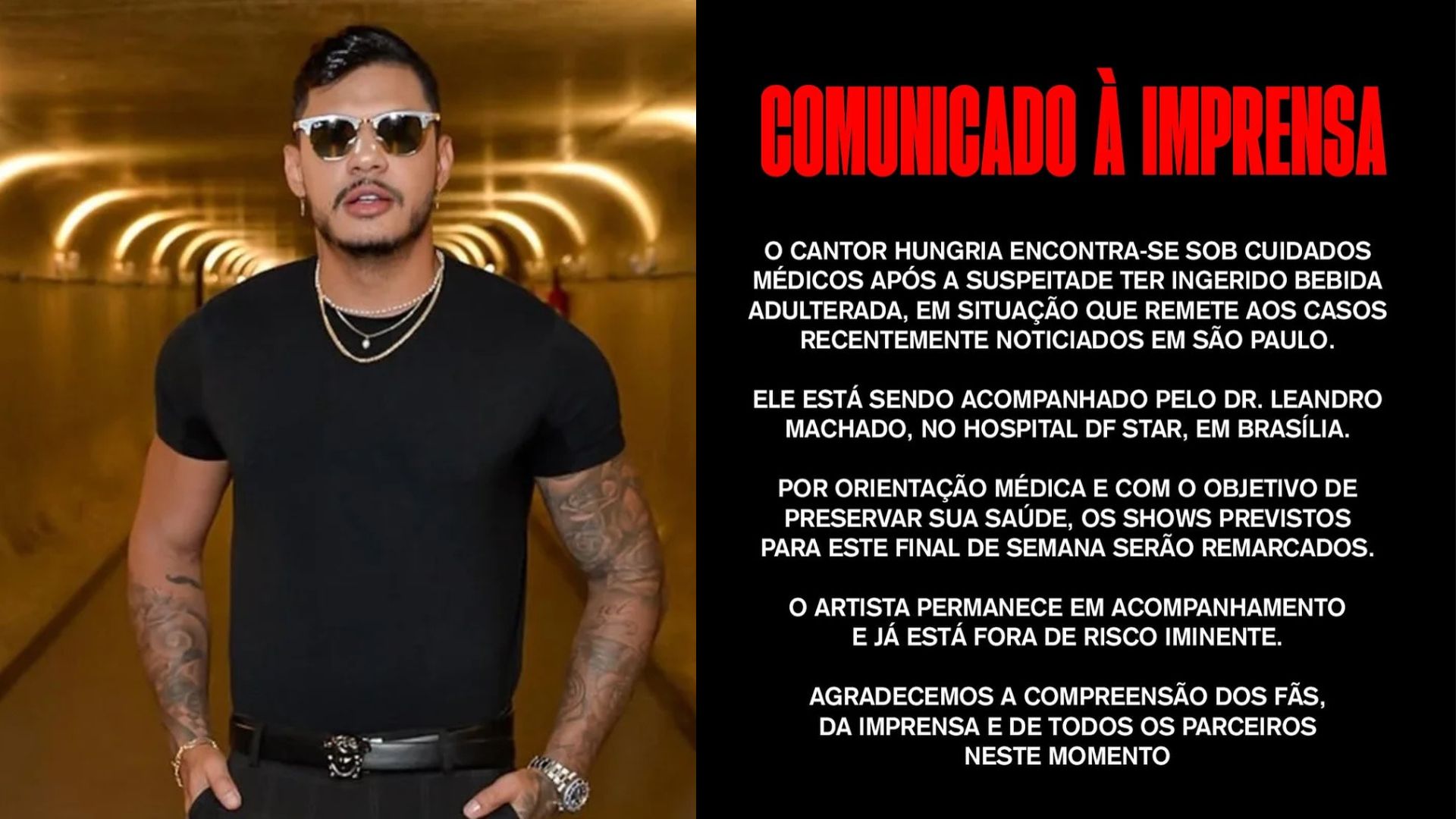 Rapper Hungria é hospitalizado em Brasília com suspeita de intoxicação por metanol