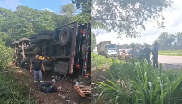 Caminhão carregado de banana tomba na BR-316, na Grande Belém