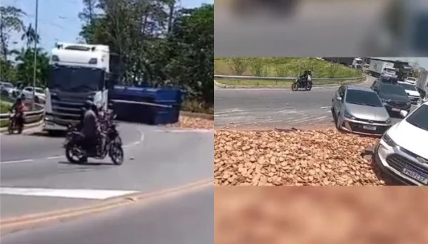 Carreta tomba em elevado da Av. independência com a BR-316; transito fica lento no local
