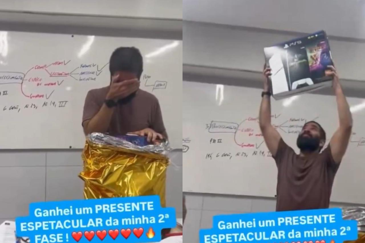 Turma presenteia professor com PlayStation 5 e profissional se emociona