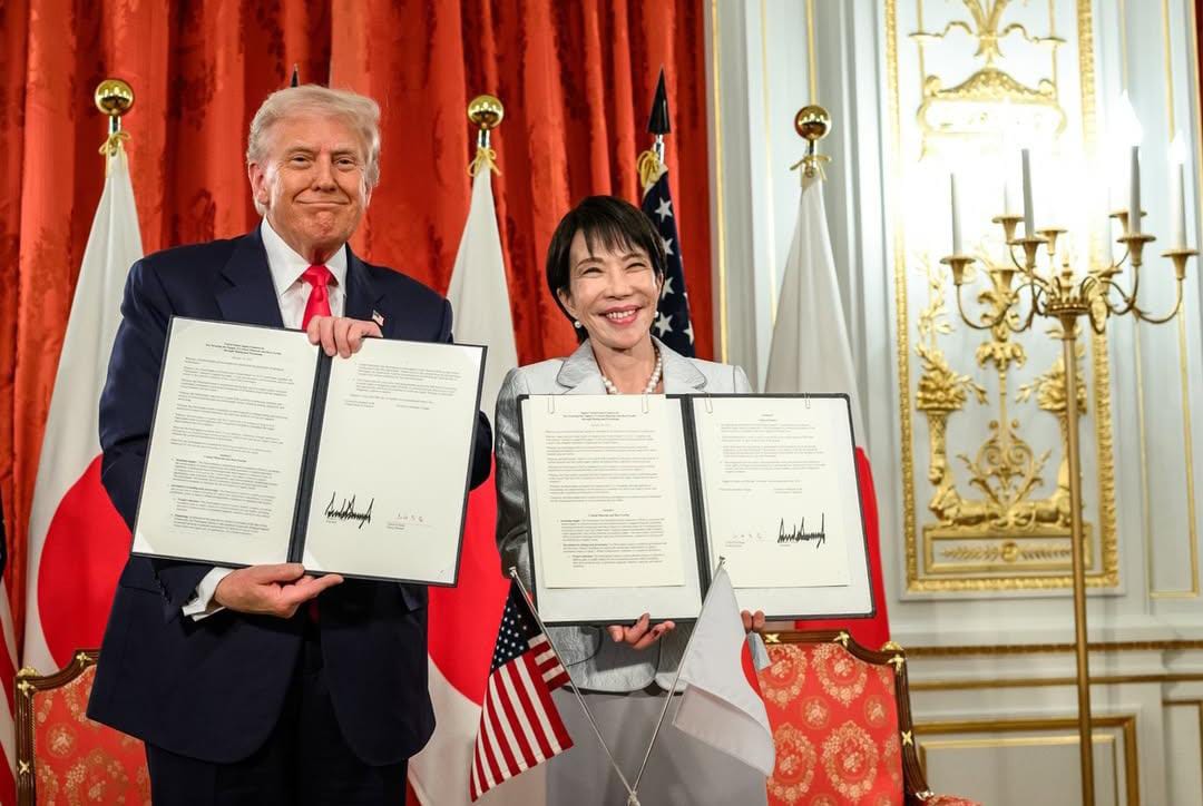 (Presidente dos Estados Unidos, Donald Trump e primeira-ministra japonesa, Sanae Takaichi)