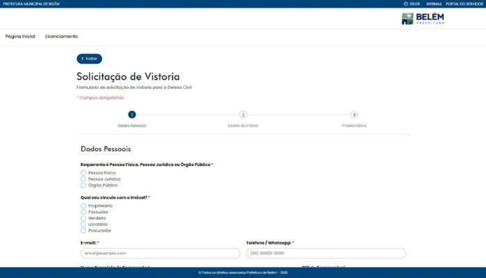 Tela de solicitação de vistoria técnica da Defesa Civil de Belém.
