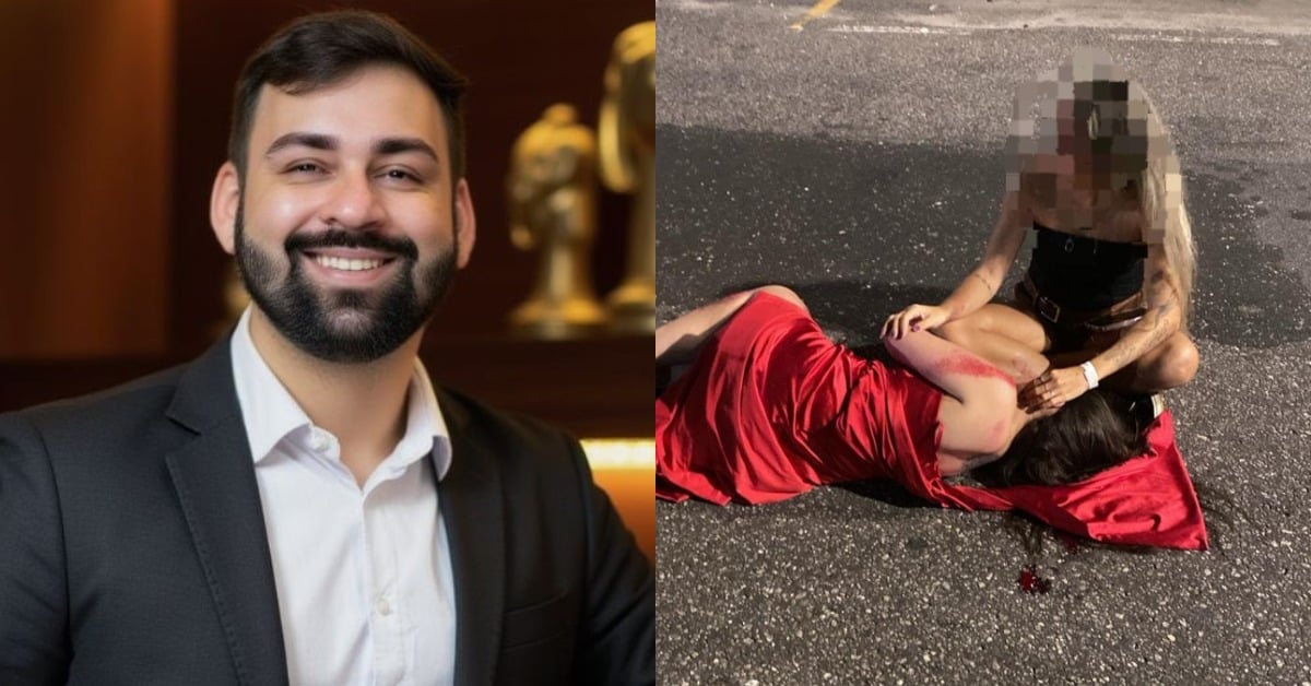 Felipe Almeida Nunes e a namorada após a agressão.