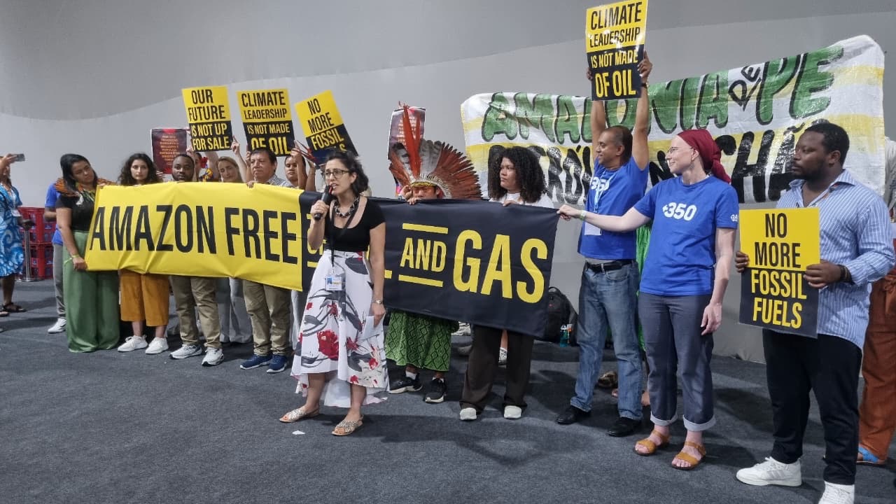 manifestações vêm ocupando o corredor principal da Blue Zone, onde circulam delegações, representantes de governos e organizações internacionais