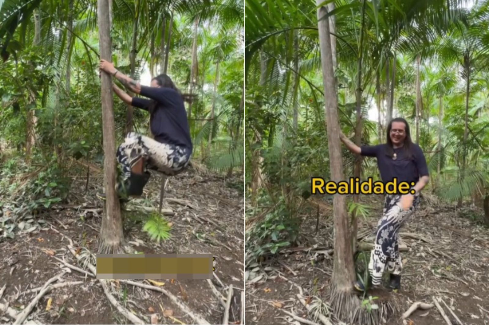 Duda Salabert aceitou o desafio de tentar colher açaí diretamente do pé de açaizeiro.