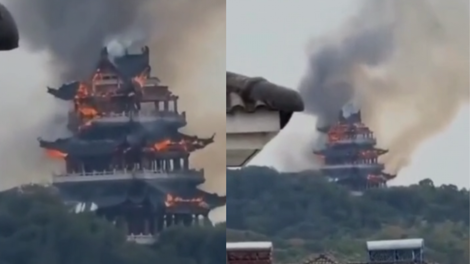 Fogo consumiu totalmente o Pavilhão Wenchang, parte do Templo Yongqing, na cidade de Zhangjiagang; ninguém ficou ferido
