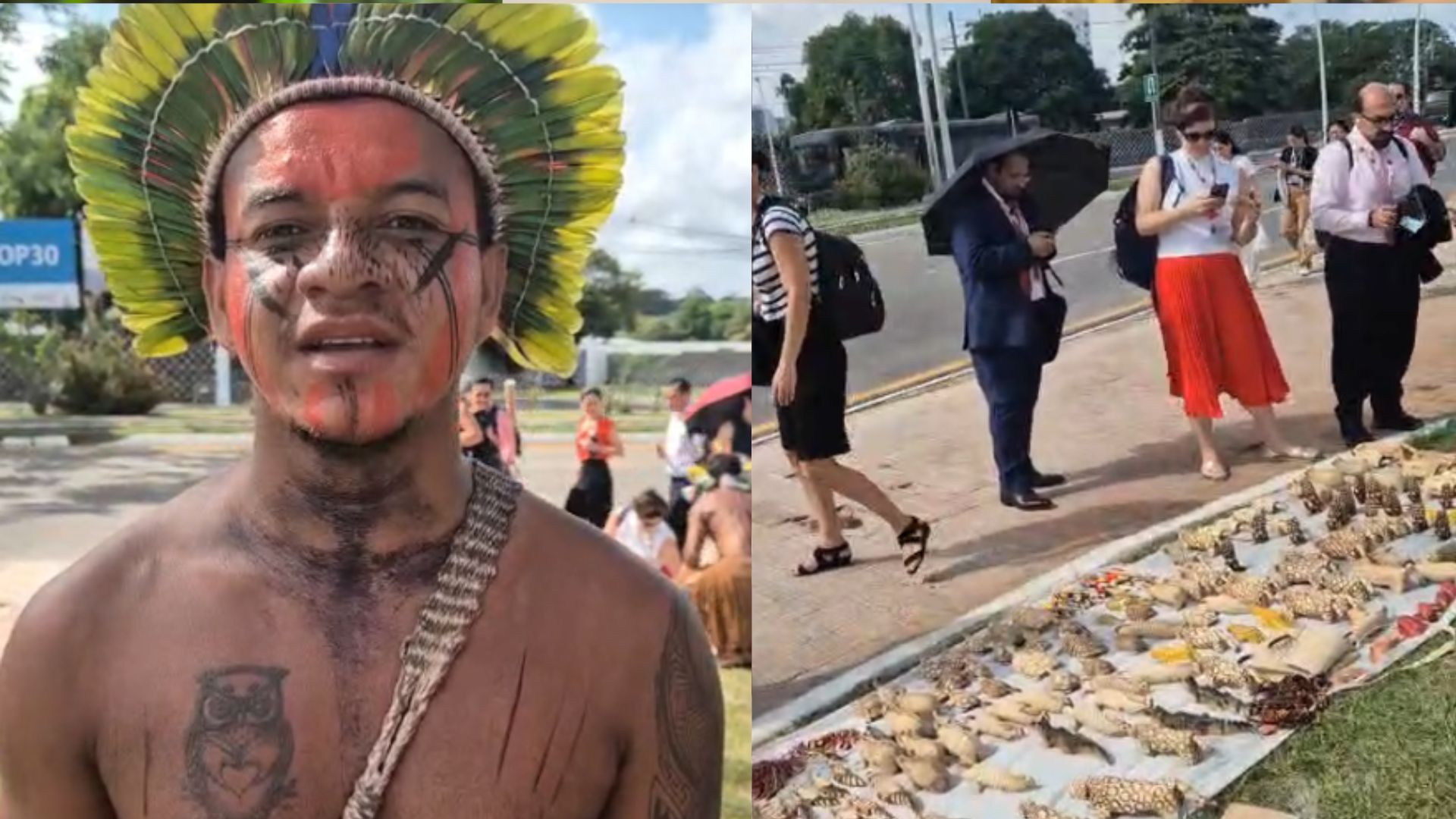 'A floresta também fala por meio da arte', diz indígena em exposição na entrada da Blue Zone