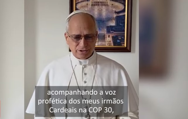 Papa  Leão 14 lê mensagem sobre mudanças climáticas