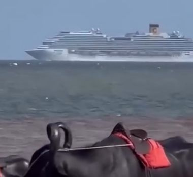 Imagem - Banhistas registram passagem de Cruzeiros da COP30 na frente da praia de Salvaterra