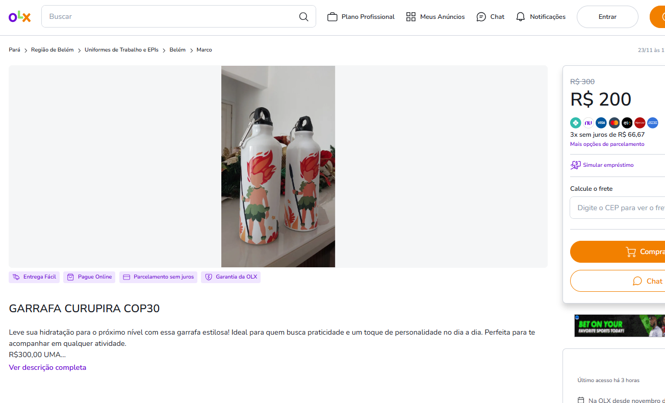 A garrafinha do Curupira, mascote da conferência,  sendo ofertada na OLX entre R$100 e R$300