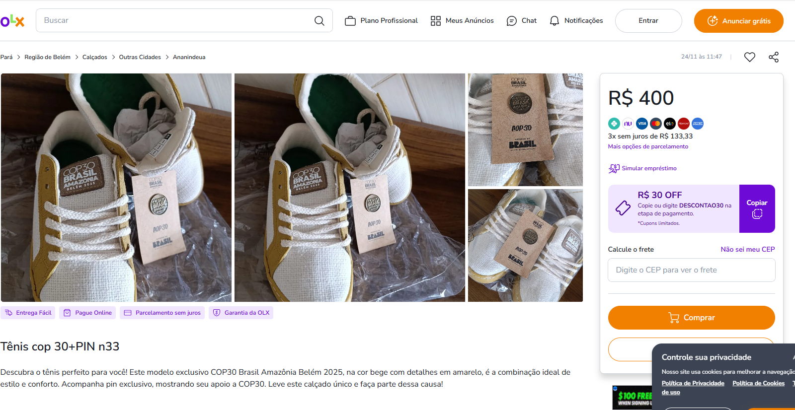 Tênis Cop 30 sendo oferecido por R$ 400.