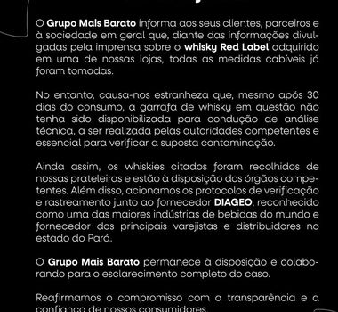 Imagem - Grupo Mais Barato divulga nota oficial, após caso de intoxicação por metanol